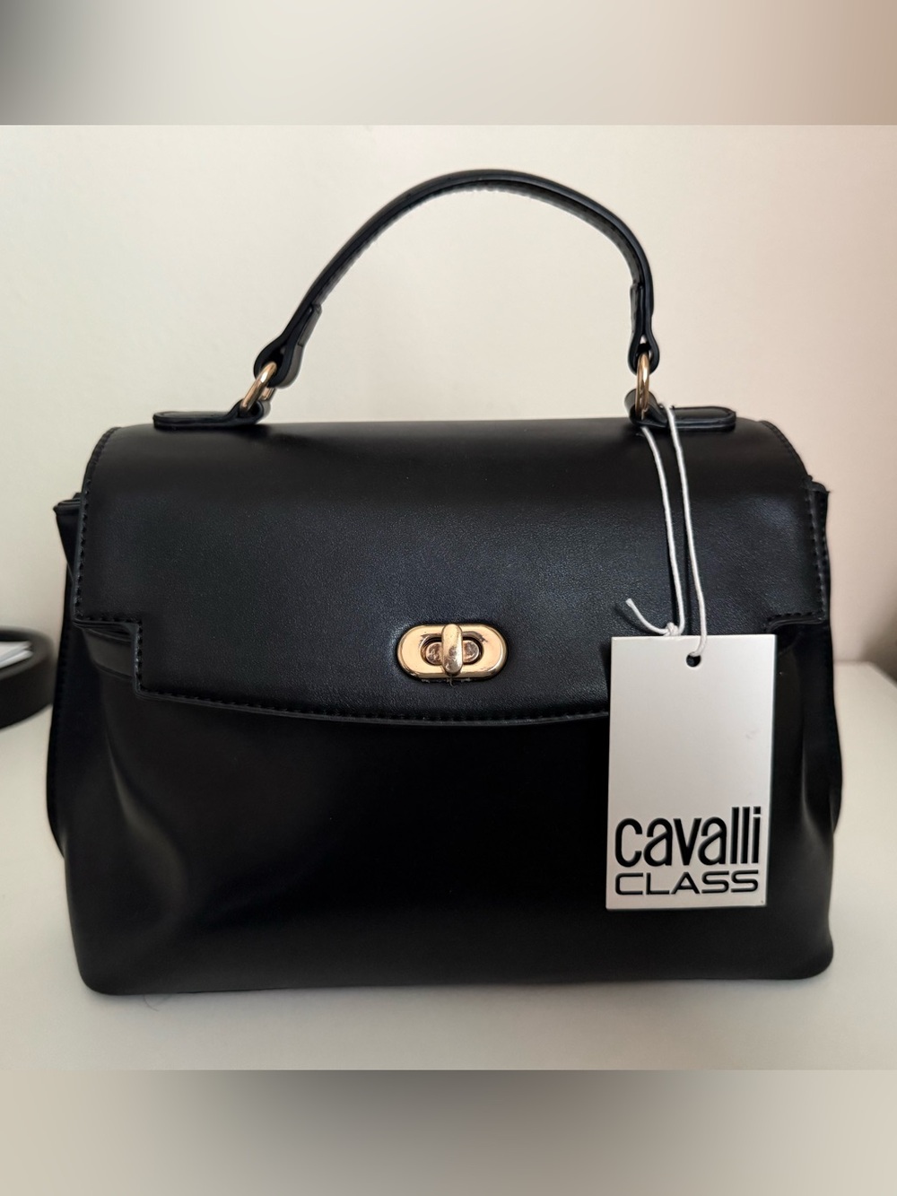 Cavalli Class Black Leather Top-Handle Satchel with Gold Hardware